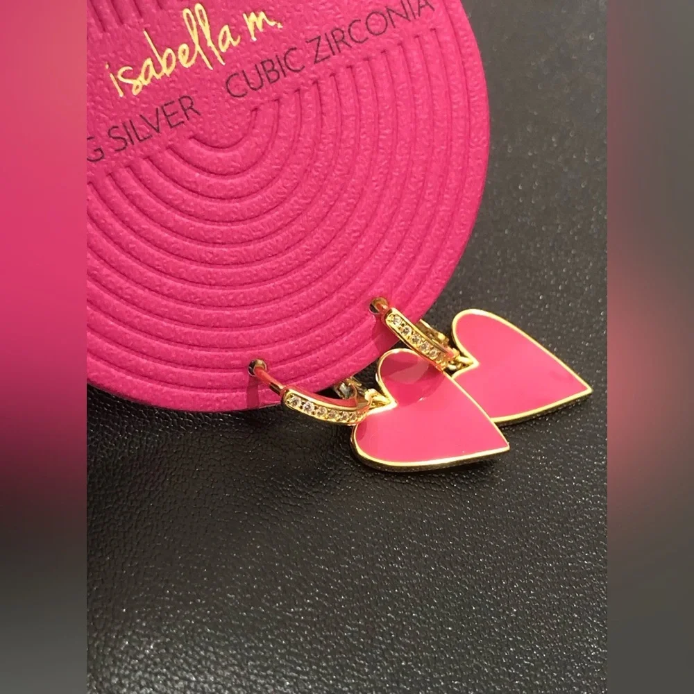 pink & gold plated sterling silver cubic zirconia heart shaped dangling earrings